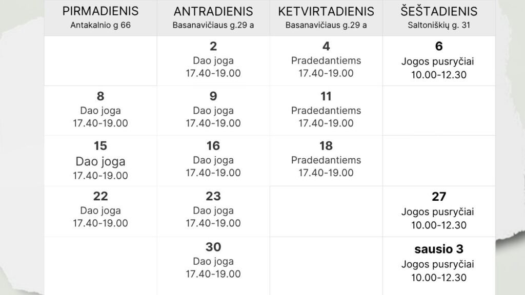 Gruodžio tvarkaraštis